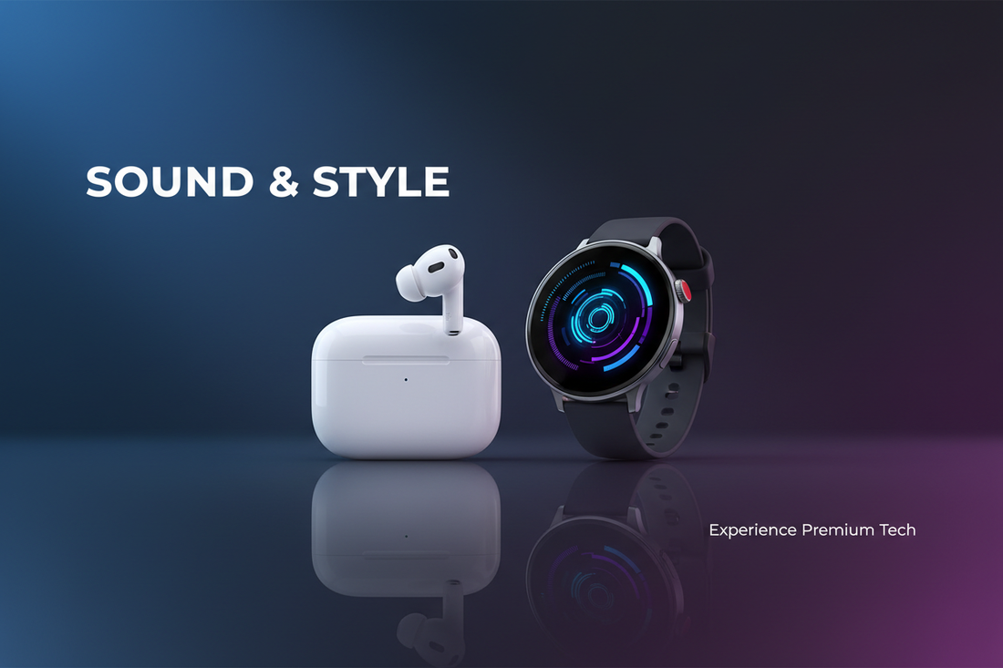 AIRPODS AND SMARTWATCH USE AI MODEL AND MAKE A BANNER