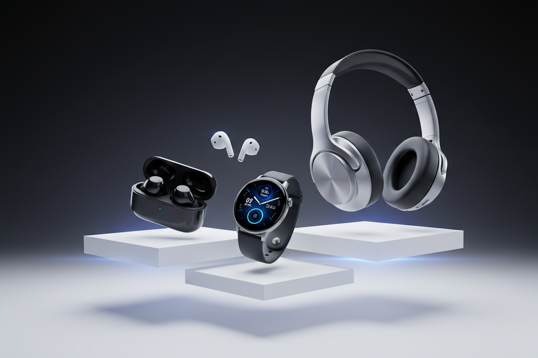 Create a high-definition hero banner image for a modern tech accessories brand. Showcase premium products including wireless earbuds, airpods, digital smartwatches, and over-ear headphones arranged in a stylish, minimal tech layout. Use a clean futuristic background with soft gradients (black, charcoal, dark navy, or white with subtle glow). Display the products floating or placed on sleek geometric platforms.

Lighting: cinematic soft lighting, glossy reflections, subtle rim light, precise shadows, premium