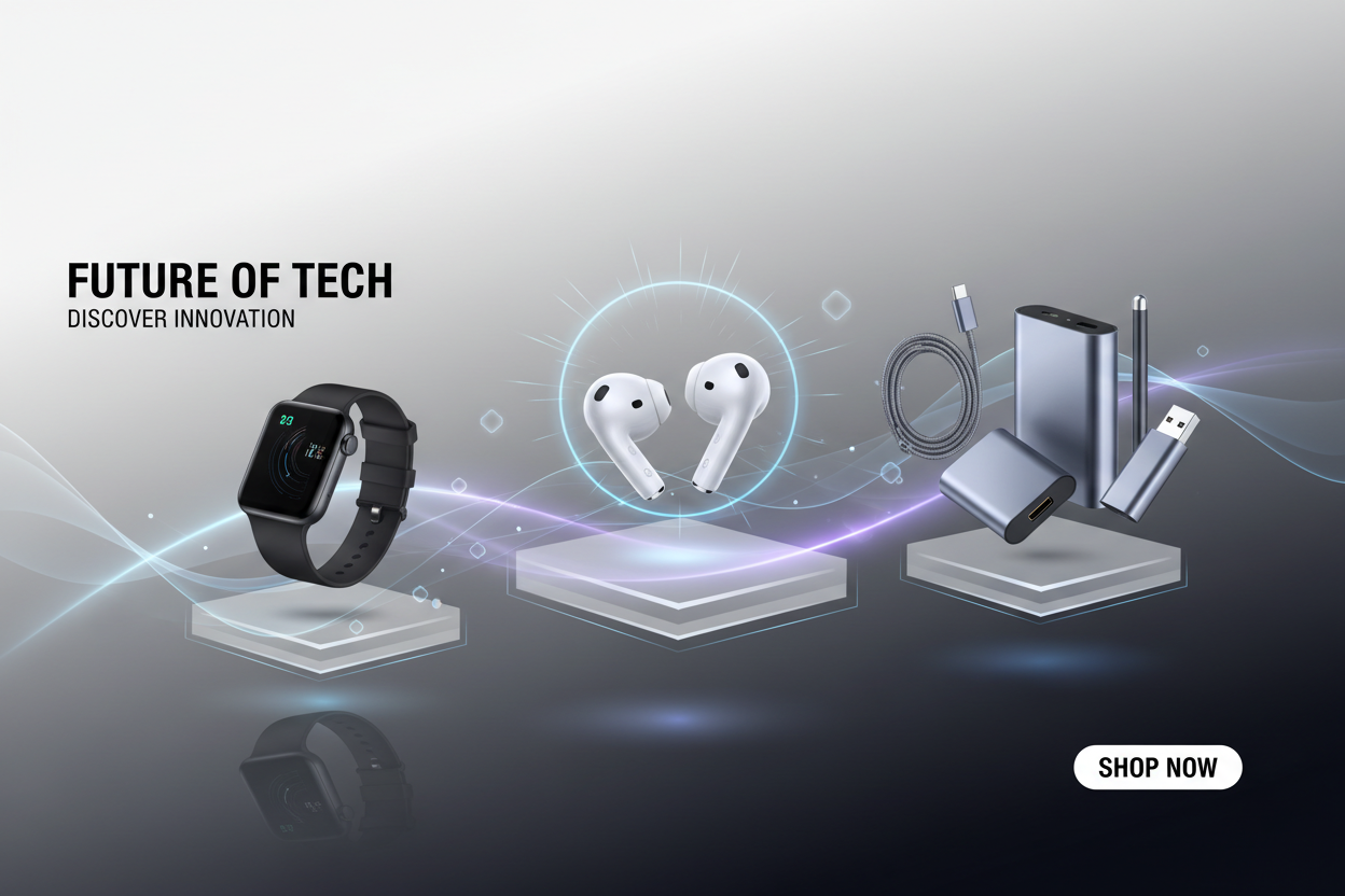 “Create a modern, high-resolution Shopify banner featuring premium tech gadgets such as AirPods-style earbuds, smart watches, and sleek electronic accessories. Use a clean, minimal white and black tech-themed background with soft gradients and futuristic lighting. Include floating product displays, glowing highlights, and subtle reflections. Add dynamic elements like lines or waves to give a smart-technology feel. The overall look should be premium, eye-catching, and perfect for an online gadget store homep