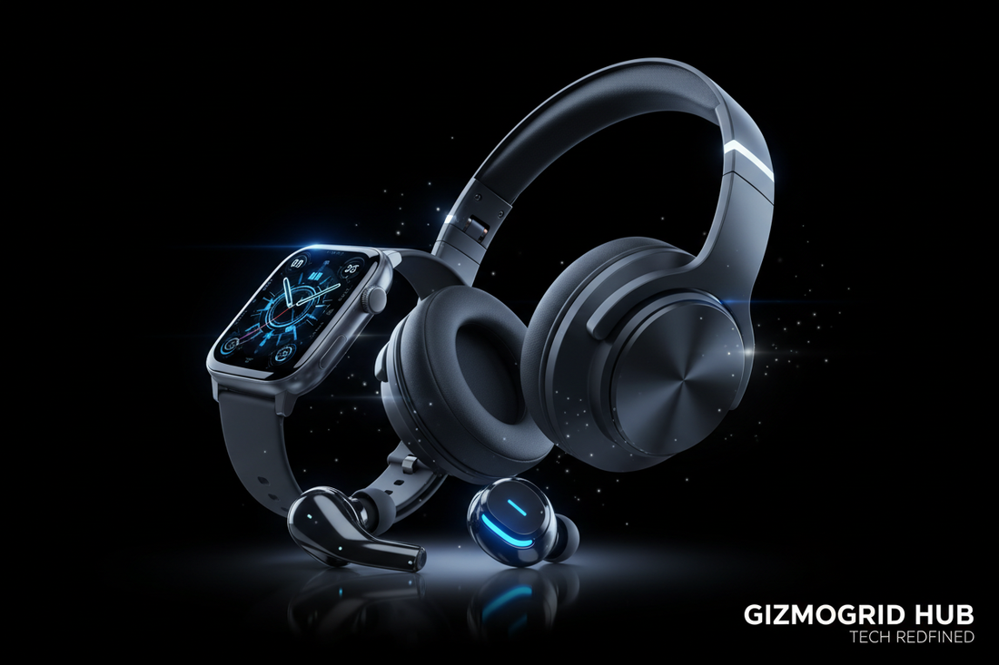 MAKE A EYE CACHRING HERO IMAGE FOR MY SHOPIFY STORE NAME IS GIZMOGRID HUB A TECH RELATED PRODUCT STORE LIKE AIRPODS SMART WATCH AND HEADPHONES USE BLACK BACKGROUND